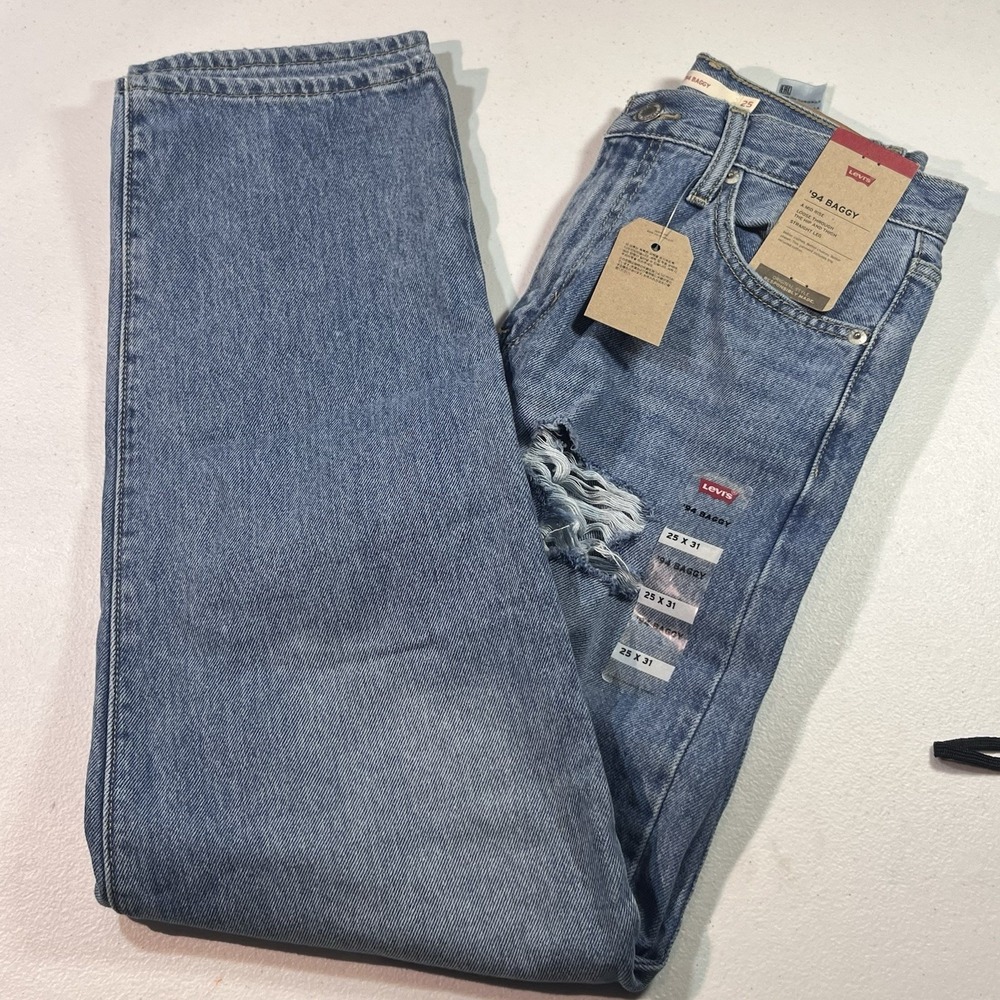 Levi's Women '94 Baggy Destructed Wide Leg Mid Rise Zip Fly Jeans 25x31 Blue NWT